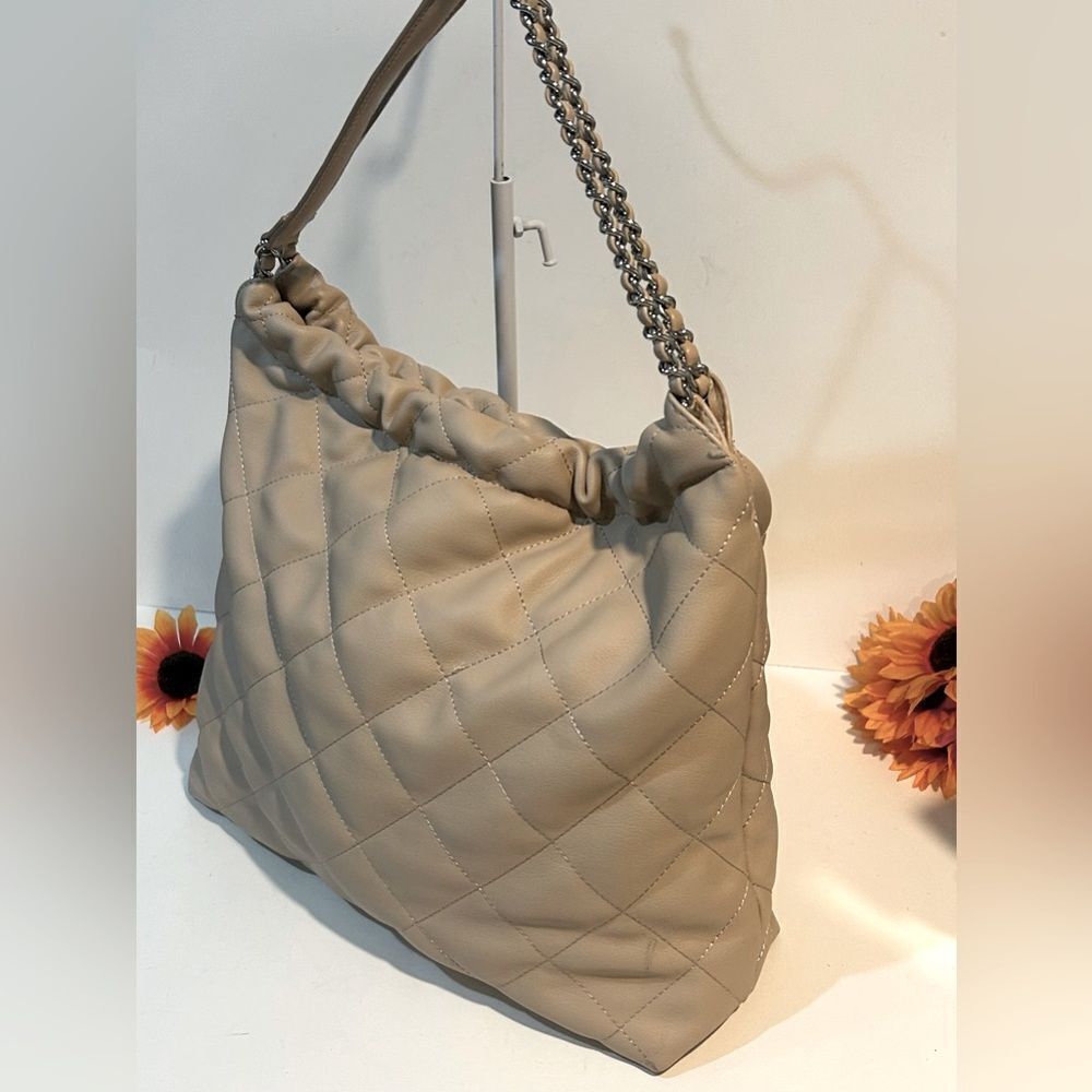 INC International Concepts Tan Quilted Chain Shoulder Bag Hobo Tote - Picture 8 of 13